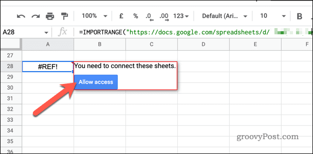 IMPORTRANGE Кнопка «Разрешить доступ» в Google Sheets