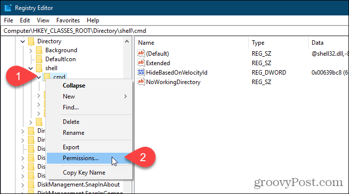 Щелкните правой кнопкой мыши раздел реестра и выберите «Разрешения» в редакторе реестра Windows.