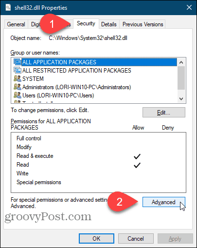 Нажмите кнопку «Дополнительно» в диалоговом окне «Свойства» в редакторе реестра Windows.