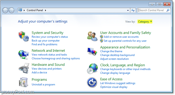 Панель управления Windows 7 в представлении категории