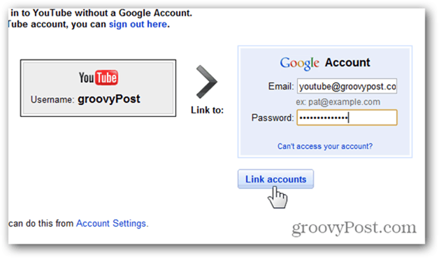 Свяжите учетную запись YouTube с новой учетной записью Google - введите учетную запись и пароль