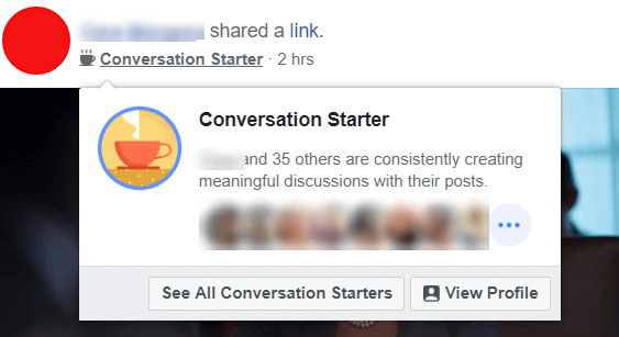Facebook, похоже, экспериментирует с новыми значками Conversation Starter, которые выделяют пользователей и администраторов, которые постоянно создают содержательные обсуждения своими сообщениями.