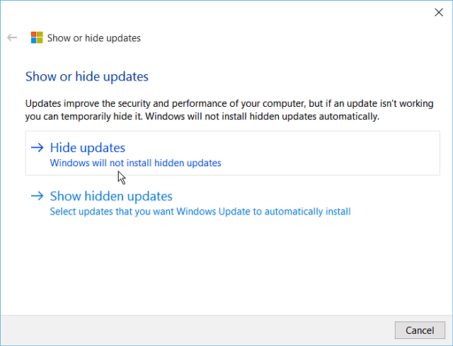 Скрыть инструмент обновления Windows 10