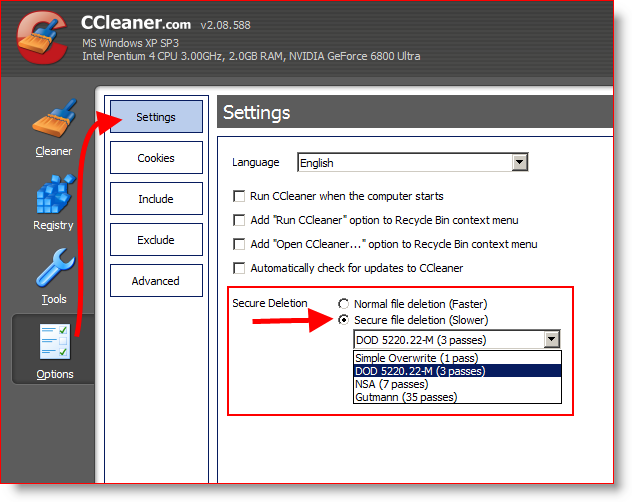 Настройте CCleaner для безопасного стирания и удаления файлов 3 раза или DOD 5220.22-M