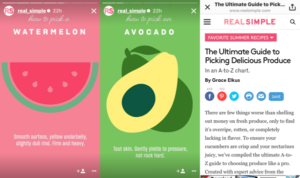 RealSimple создала историю в Instagram на основе сообщения в блоге о том, как выбирать продукцию; в конце истории зрители могли смахнуть вверх, чтобы прочитать исходный пост.