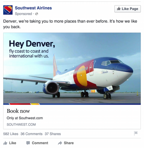 реклама Southwest Airlines в Facebook
