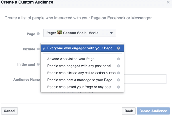 По мере того, как вы сужаете параметры для своей пользовательской аудитории Facebook, вы находите конкретные способы определения целевой аудитории, например, эти взаимодействия на конкретных страницах.