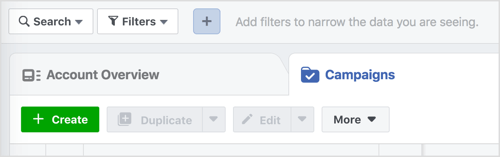 Нажмите кнопку «Создать», чтобы начать новую кампанию в Facebook.