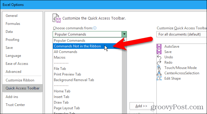Выберите «Команды не на ленте» в диалоговом окне «Параметры Excel»