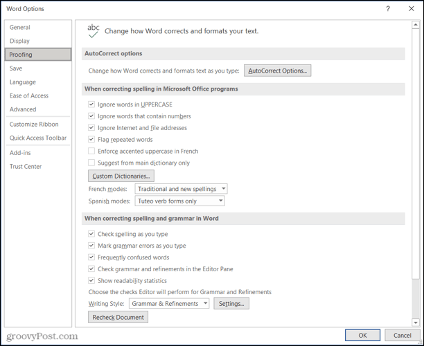 Настройки проверки правописания для редактора Microsoft