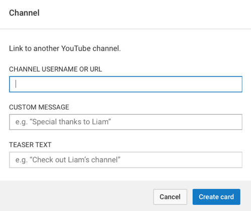 Разные типы карточек YouTube запрашивают разную информацию, но все они запрашивают краткий текст-тизер.