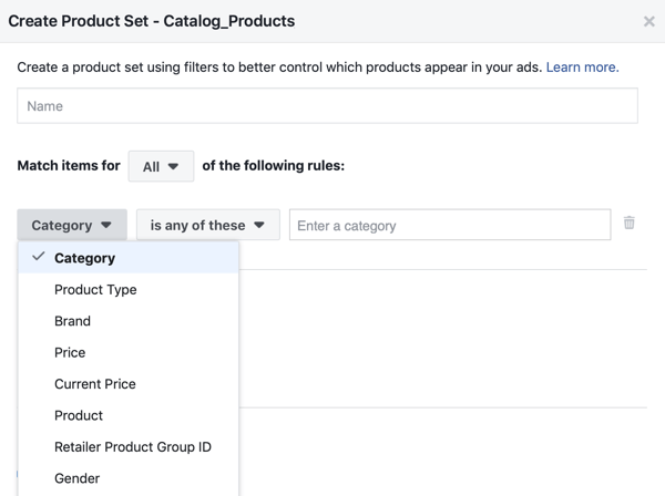 Используйте инструмент настройки событий Facebook, шаг 28, пункт меню Facebook, чтобы применить фильтры, к которым продукты показываются покупателям.