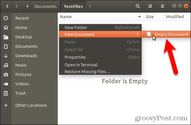 Создайте новый пустой документ в Nautilus в Ubuntu Linux