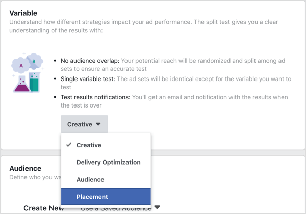 Выберите Placement в качестве переменной для тестирования с помощью сплит-теста Facebook.