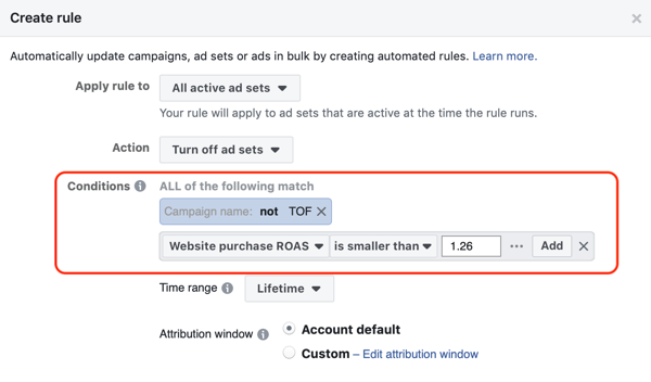 Используйте автоматические правила Facebook, остановите показ рекламы, когда ROAS упадет ниже минимума, шаг 3, настройки условий