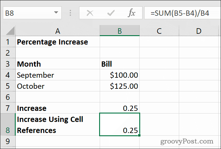 Пример процентного увеличения в Microsoft Excel