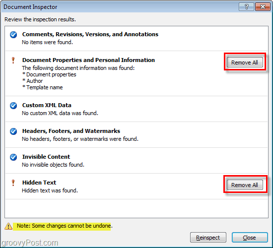 Используйте кнопку Удалить все, чтобы удалить свойства документа, личную информацию и скрытый текст из файлов Microsoft Office.