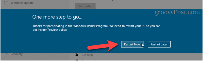 Перезагрузите, чтобы завершить регистрацию для сборок Windows Insider