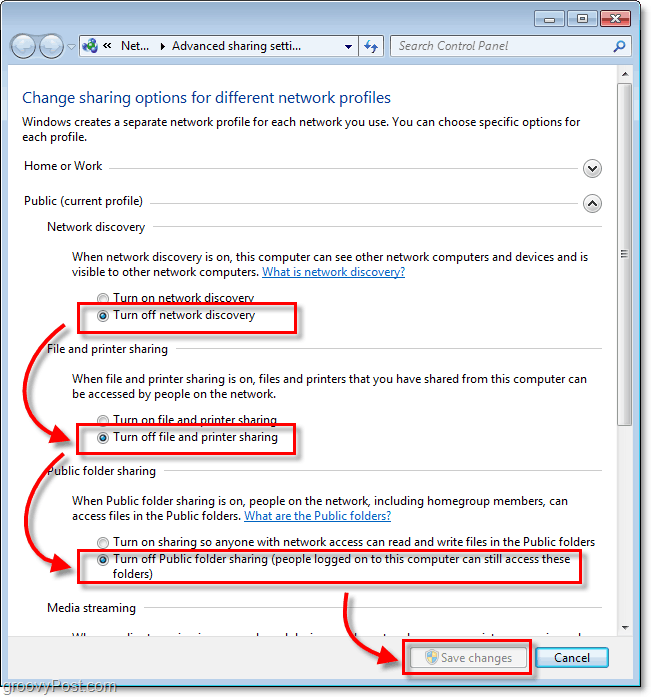 Как отключить общий доступ к файлам и обнаружение сети в Windows 7