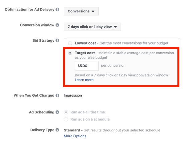 Советы по снижению затрат на рекламу в Facebook, возможность установить стратегию назначения ставок на целевую стоимость