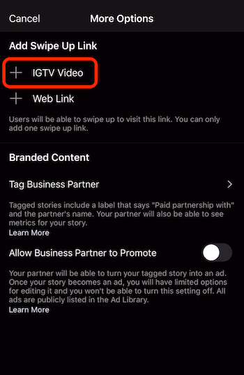 возможность добавить смахивающую ссылку на видео IGTV