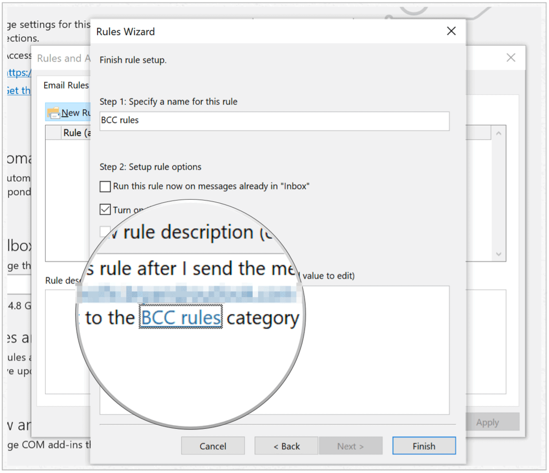 Microsoft Outlook завершает создание правил