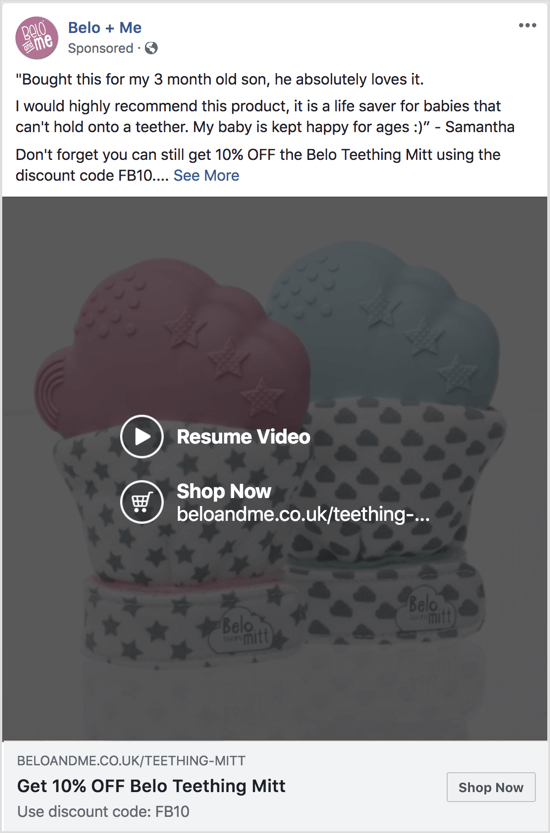 В этой рекламе на Facebook используется слайд-шоу для продвижения скидки на конкретный продукт.