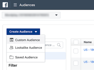 Раскрывающееся меню "Создать аудиторию" в Facebook Ads Manager