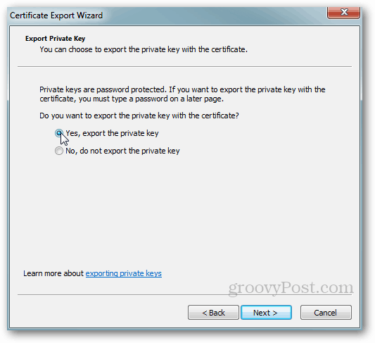Экспорт сертификата Windows - закрытый ключ Да
