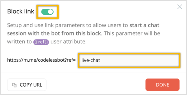 Опция ChatFuel Block Link
