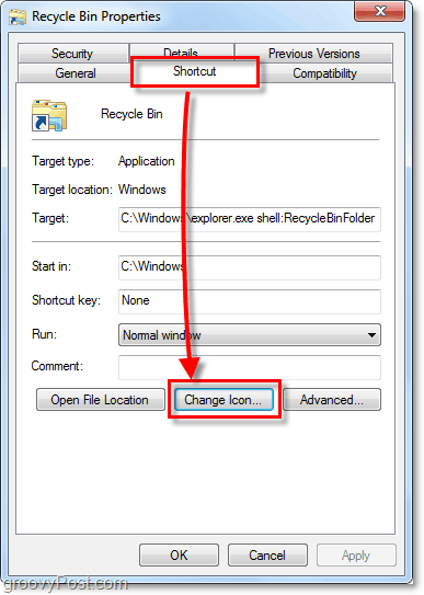 изменить значок ярлыка в Windows 7