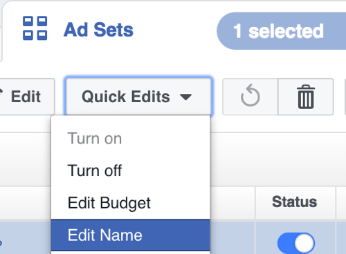 В Facebook Power Editor выберите «Редактировать имя» в раскрывающемся меню «Быстрое редактирование».