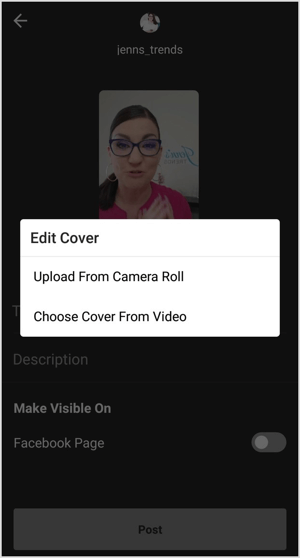 Загрузите изображение для обложки или выберите любой кадр из видео IGTV.