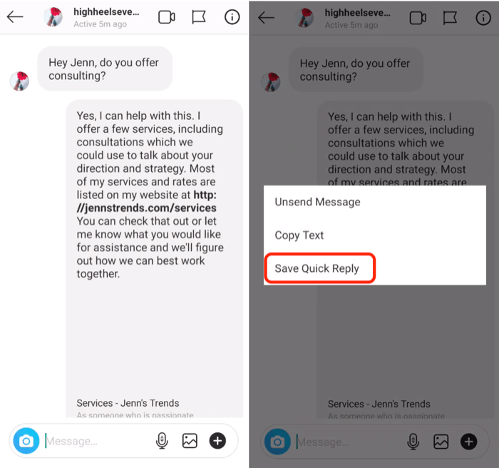Сохранить опцию быстрого ответа, чтобы сохранить прямое сообщение Instagram
