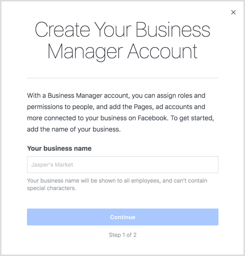 Введите название своей компании, чтобы создать учетную запись Business Manager.