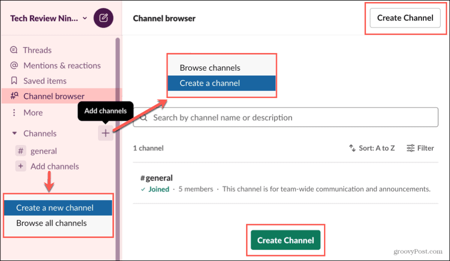 Создайте канал в браузере каналов Slack