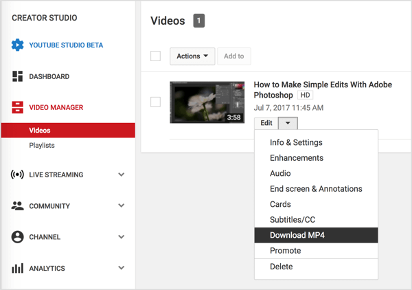 Перейдите к своему видео в диспетчере видео, нажмите кнопку «Изменить» рядом с вашим видео YouTube и выберите «Загрузить MP4».