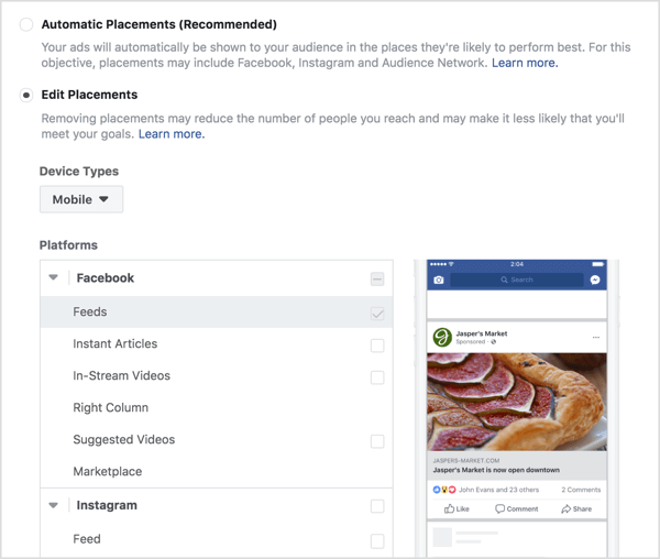 Выберите места размещения для рекламы взаимодействия с Facebook.