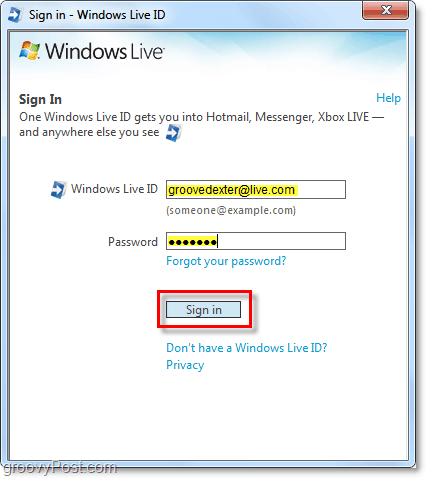 войти в Windows Live автоматически с помощью учетной записи Windows 7