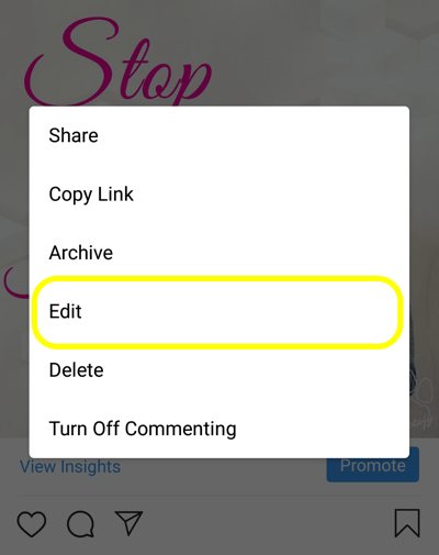 Как добавить альтернативный текст к сообщениям Instagram, шаг 5, вариант редактирования сообщения. 