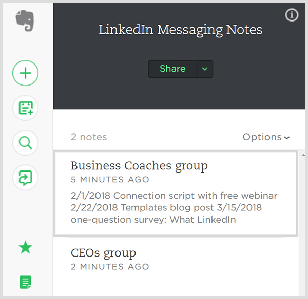 Отслеживайте сообщения, отправленные группам контактов LinkedIn в Evernote. 